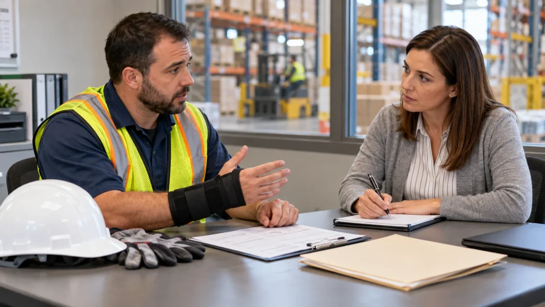 Injured warehouse worker with a wrist brace explaining a workplace incident to a woman taking notes at a desk